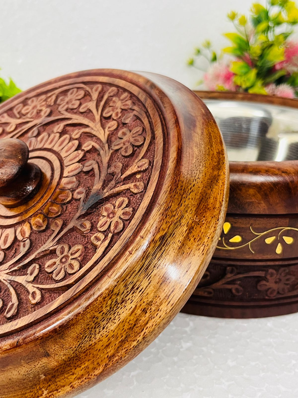 Sheesham Wood Casserole with Steel or Chapatti Box for Keeping them Hot for Longer Time