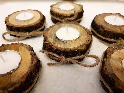 Wooden bark tea light candle holder with thread tie with 8 wax tea lights