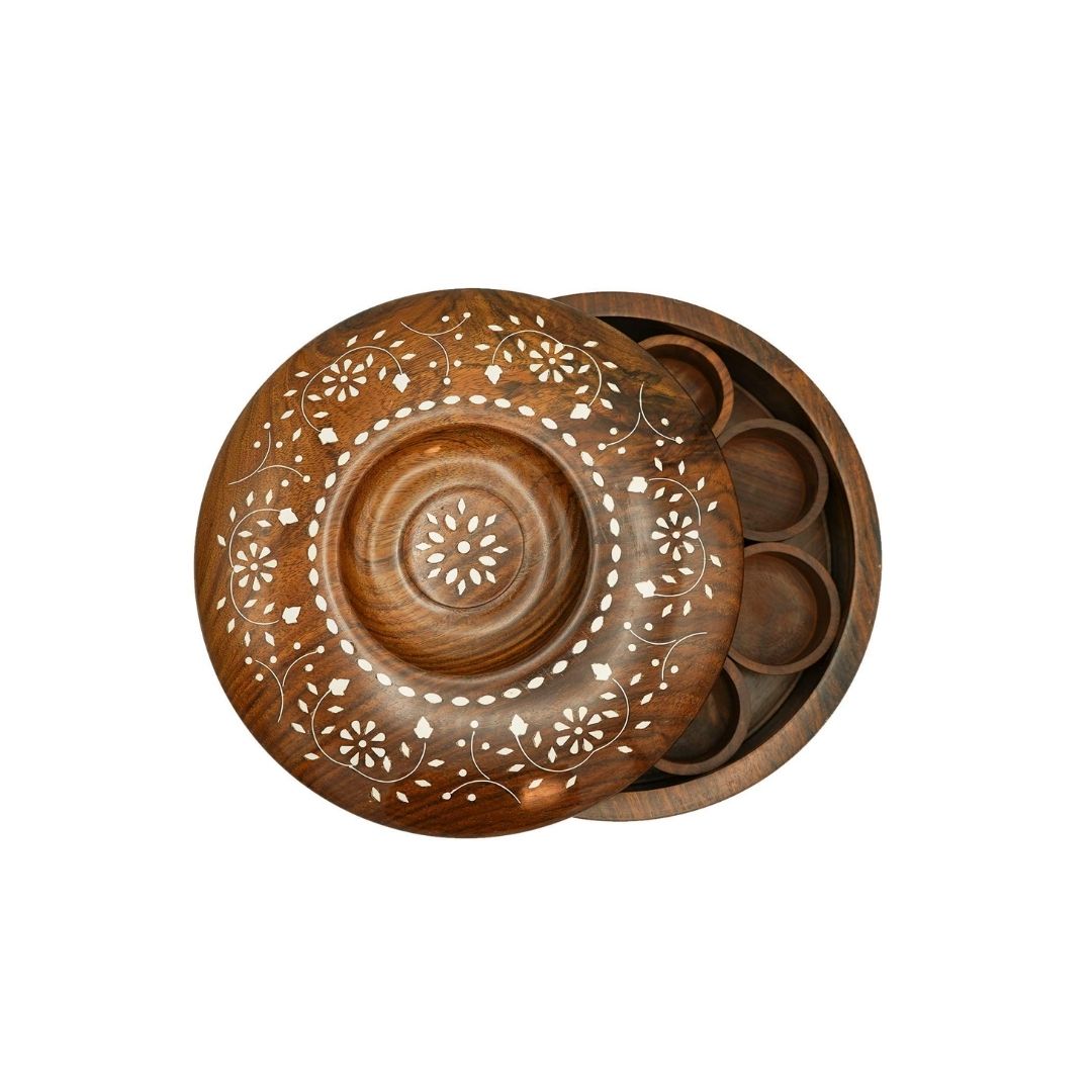 Wooden White Inlay Design 9 Compartment Masala/spice Box with Spoon and Lid