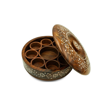 Wooden Masala/spice Box with Spoon and Lid