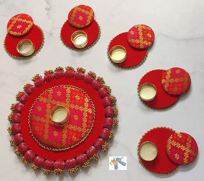 Banarasi Rangoli T light Set with wooden base red color