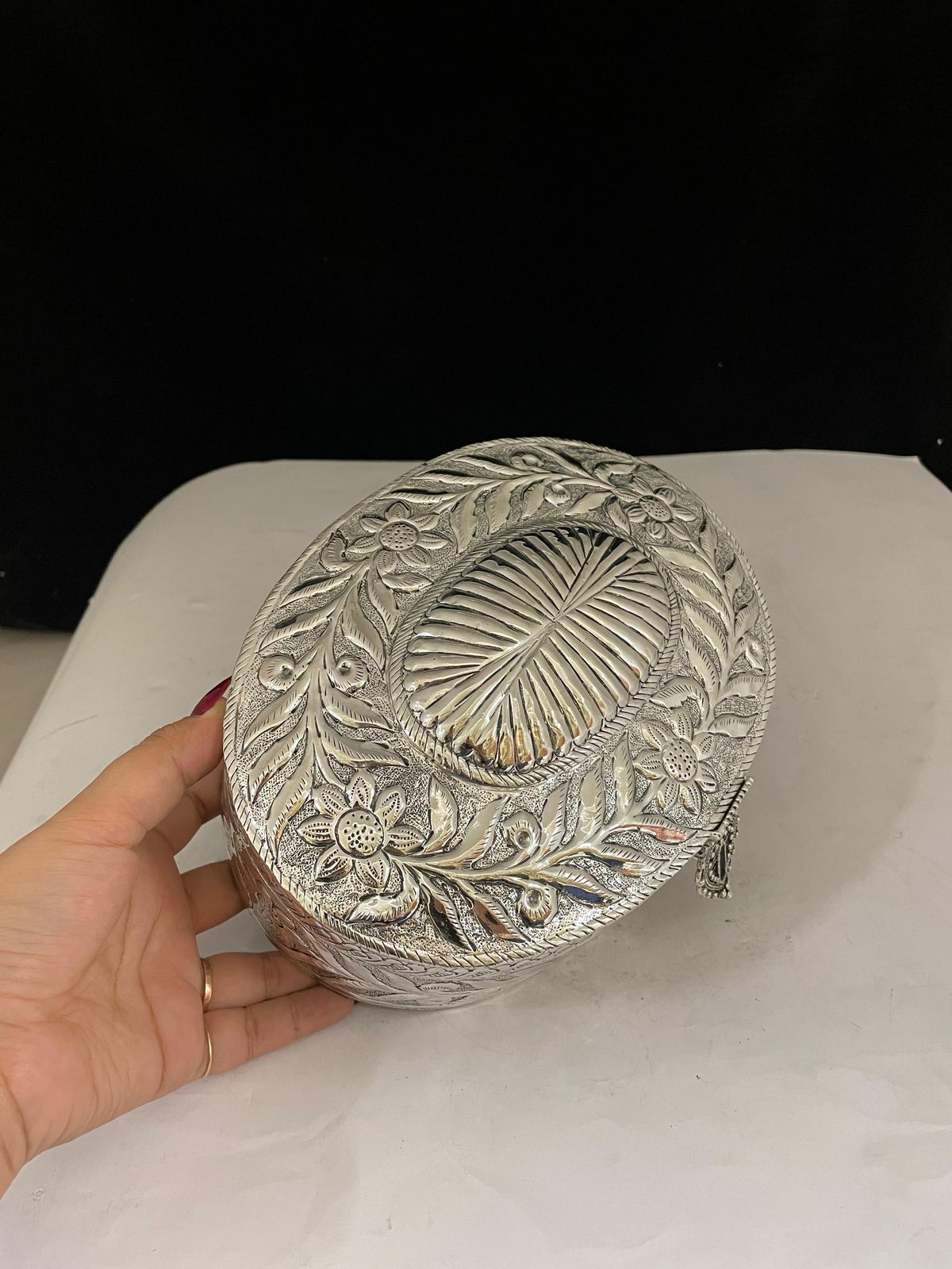 German silver fully carved 1 piece box.