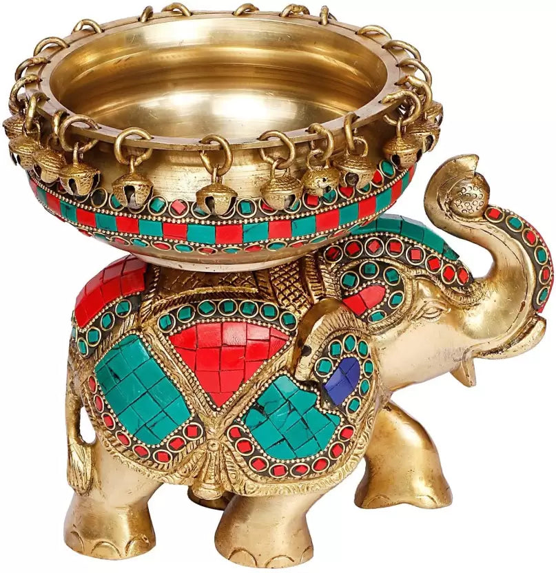 Brass Multicolor stone work Elephant Urli Decorative Urli Bowl