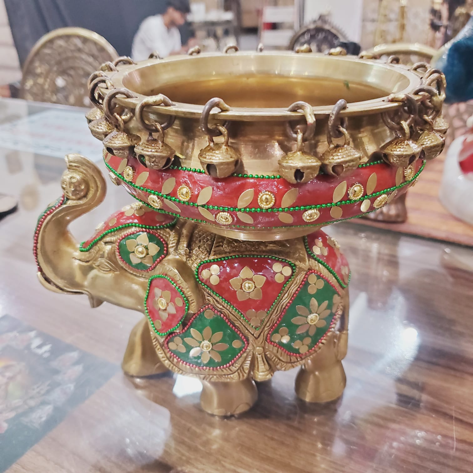 brass with stone work ghungru elephant bowl urli home decor/gift item/flower decoration