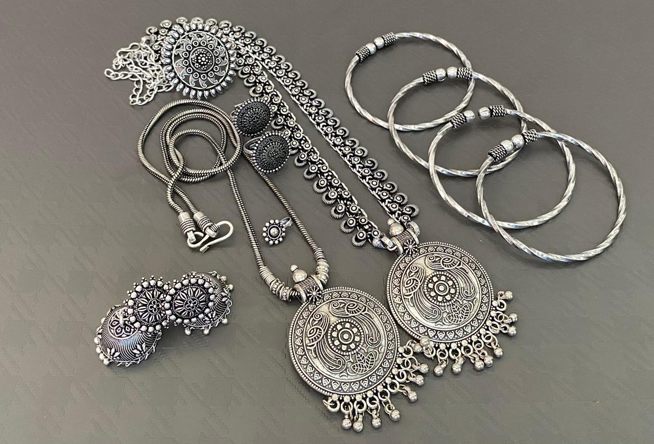 German silver combo set multipack Long necklace with chain pendant, earrings, ring, nose pin, toering and 4 bangles combo set