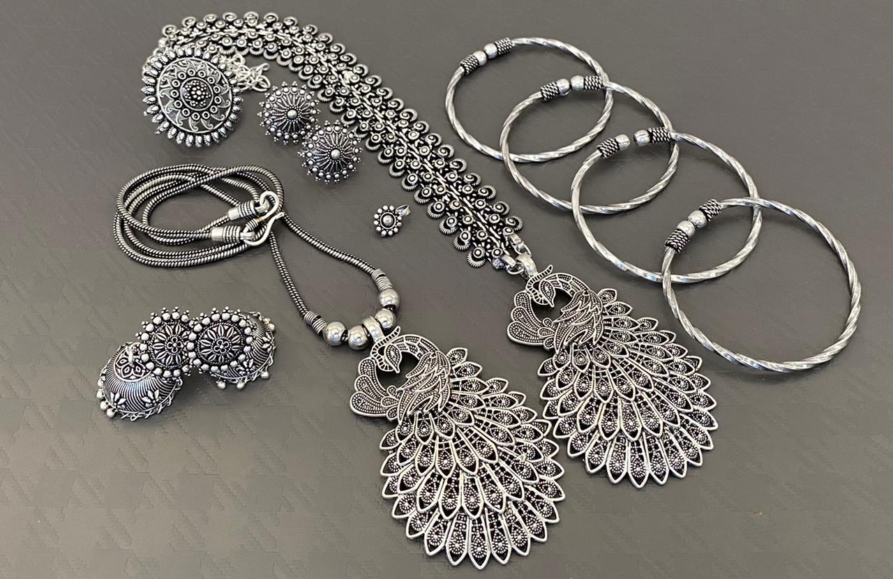 German silver Ganesh combo set multipack Long necklace with chain pendant, earrings, ring, nosepin, toering and 4 bangles combo set