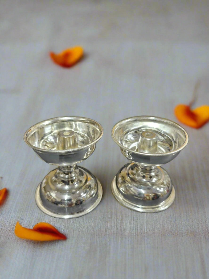 German Silver Diya Pair for Diwali/ Housewarming Pooja, 3" Each