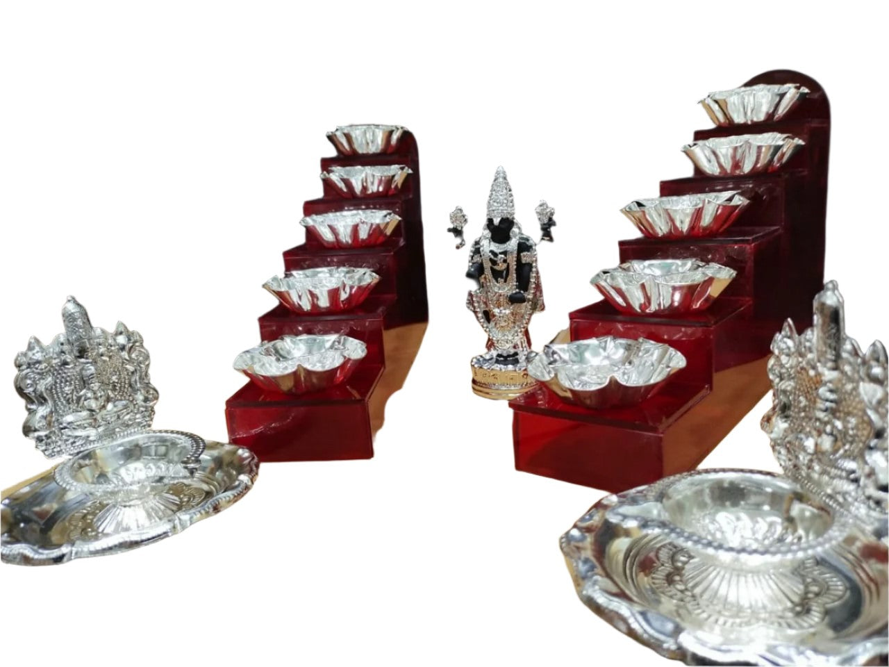 German Silver Diya's with Fiber Steps with Balaji Idol with Balaji Diya's Pooja Set