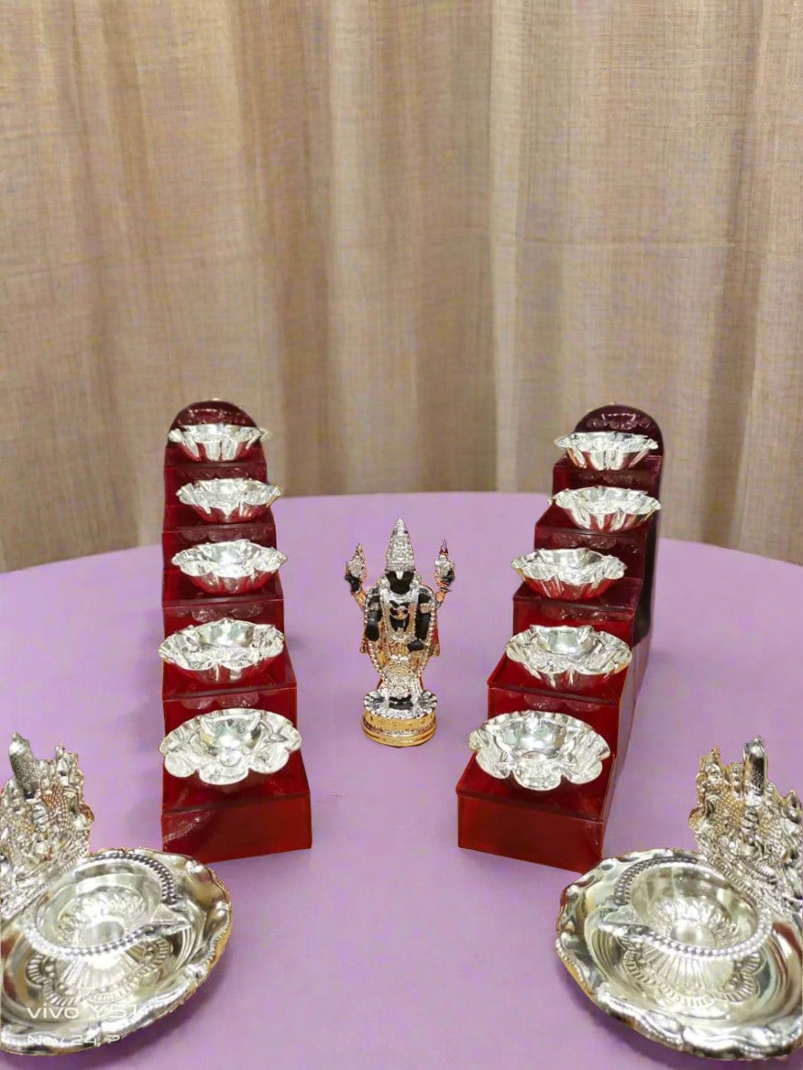 German Silver Diya's with Fiber Steps with Balaji Idol with Balaji Diya's Pooja Set