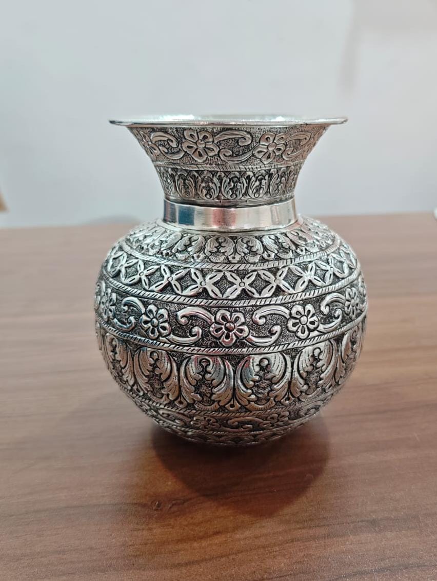 german silver fully carved kalash 7" big size for housewarming pooja/ home décor/ gift item
