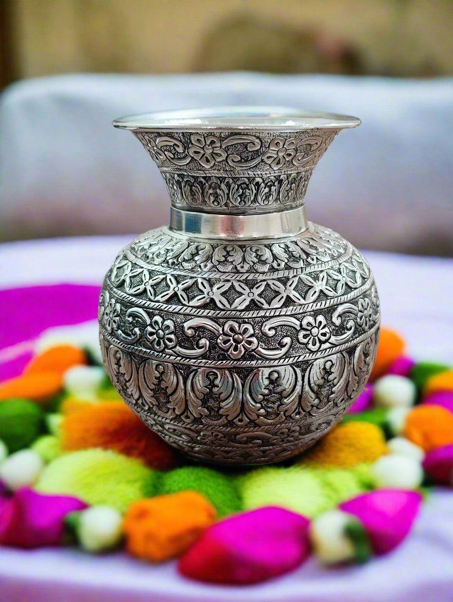 german silver fully carved kalash 7" big size for housewarming pooja/ home décor/ gift item