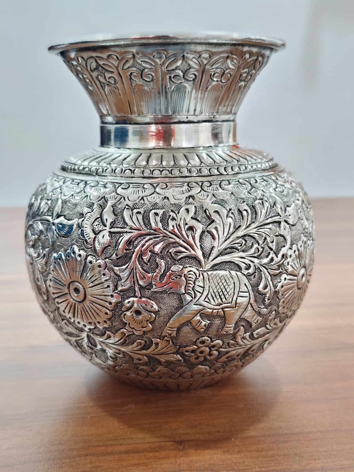 german silver fully carved elephant kalash 7" big size