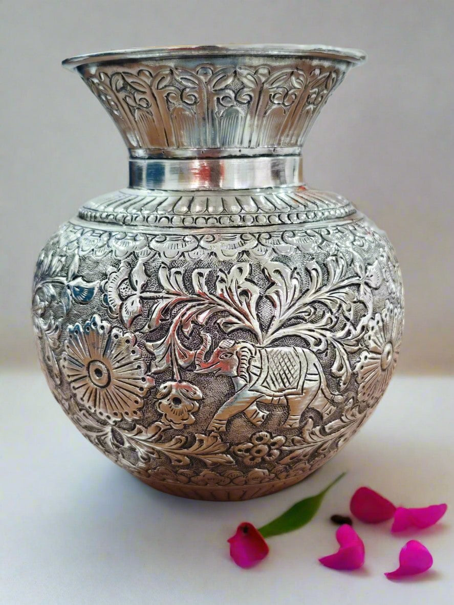 german silver fully carved elephant kalash 7" big size