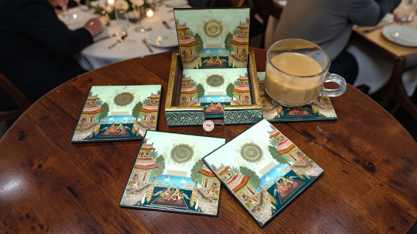 Handmade Wooden Coaster Set with Raja Rani Mahal Gold Foil Art | Epoxy Resin Finish | Luxury Table Décor | Set of 6 Drink Coasters