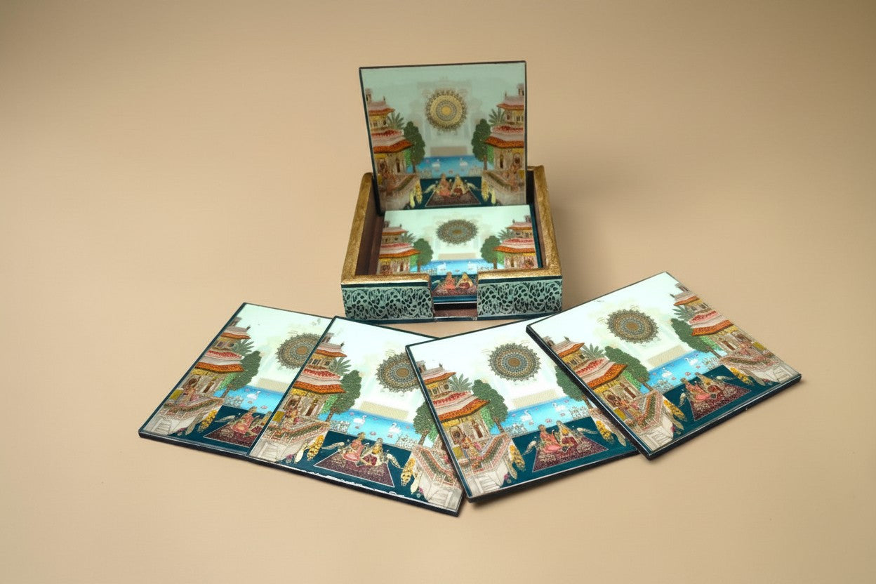 Handmade Wooden Coaster Set with Raja Rani Mahal Gold Foil Art | Epoxy Resin Finish | Luxury Table Décor | Set of 6 Drink Coasters