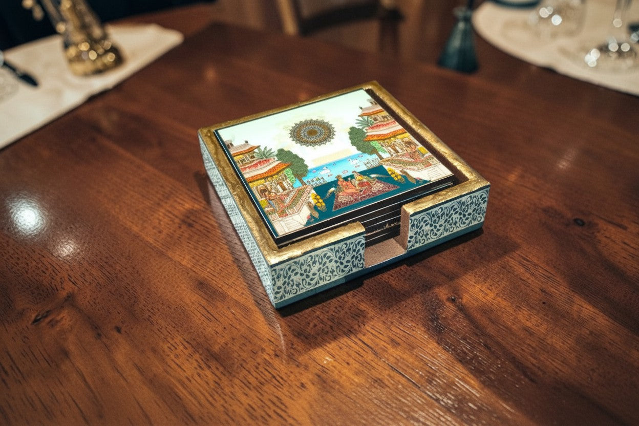 Handmade Wooden Coaster Set with Raja Rani Mahal Gold Foil Art | Epoxy Resin Finish | Luxury Table Décor | Set of 6 Drink Coasters