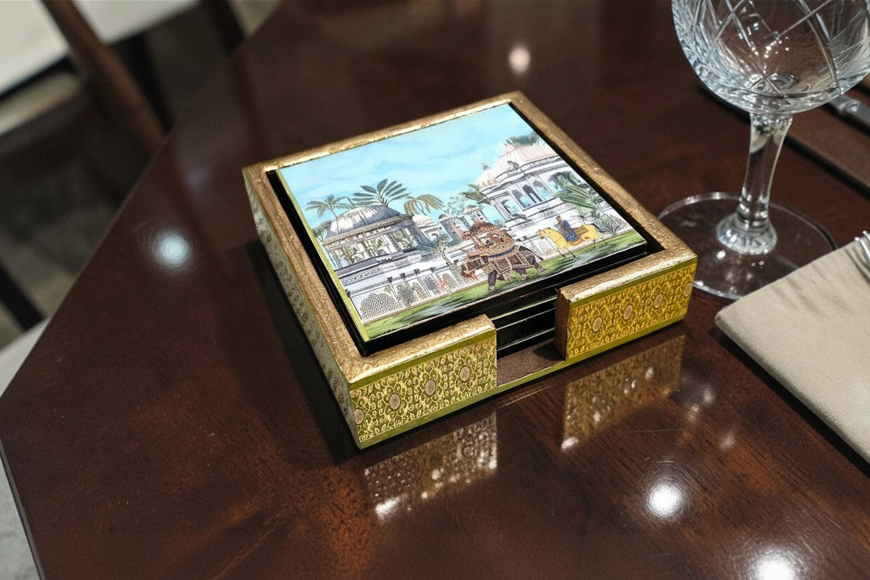 Handmade Wooden Coaster Set with Gold Foil Art | Epoxy Resin Finish | Luxury Table Décor | Set of 6 Drink Coasters