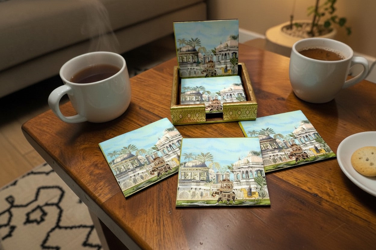 Handmade Wooden Coaster Set with Gold Foil Art | Epoxy Resin Finish | Luxury Table Décor | Set of 6 Drink Coasters