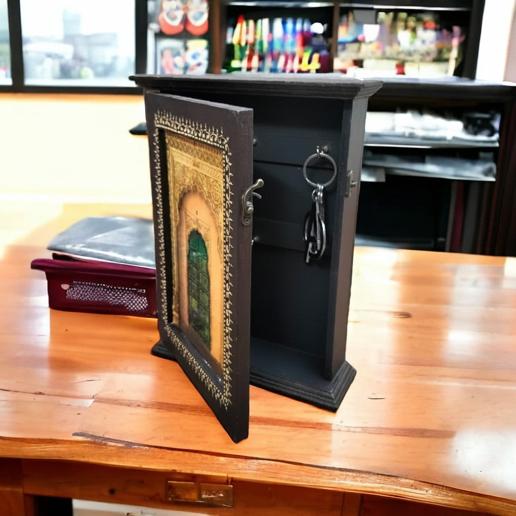 Handmade Wooden Key Holder Box with 6 Hooks | Brown Deco Paint & Epoxy Resin Print | Wall Hanging Key Organizer | Home Décor Gift