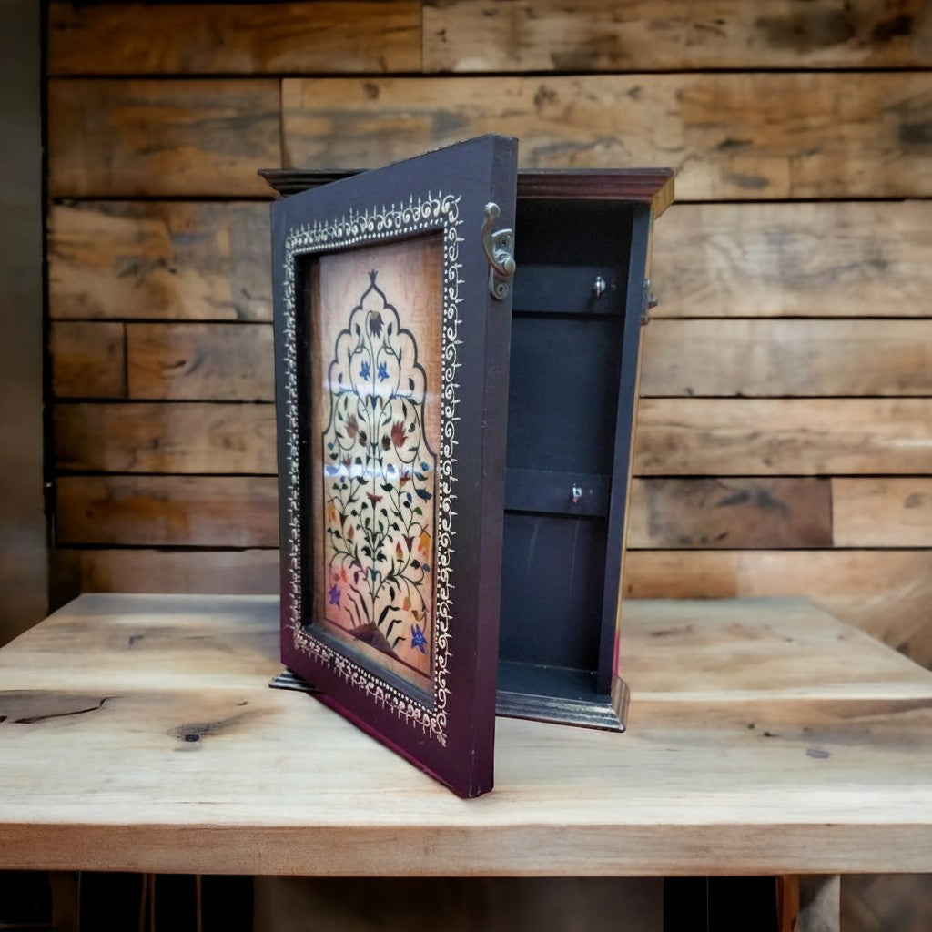 Handmade Wooden Key Holder Box with 6 Hooks | Brown Deco Paint & Epoxy Resin Print | Wall Hanging Key Organizer