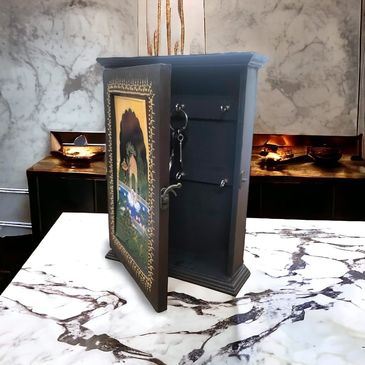 Handmade swan pair Wooden Key Holder Box with 6 Hooks | Brown Deco Paint & Epoxy Resin Print | Wall Hanging Key Organizer