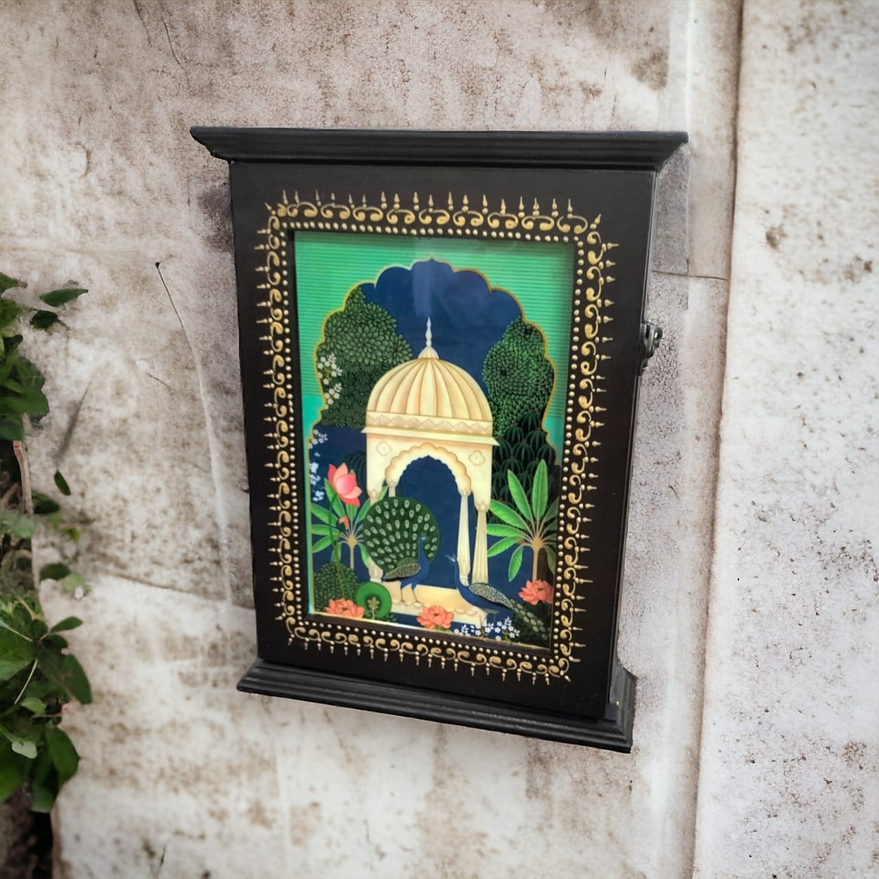 Handmade mahal Wooden Key Holder Box with 6 Hooks | Brown Deco Paint & Epoxy Resin Print | Wall Hanging Key Organizer