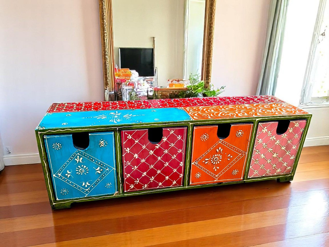 Handmade Wooden 4 Drawer Chest | Handpainted Embossed Work Storage Box | Jewelry Organizer | Stationery Storage | Decorative Home Décor