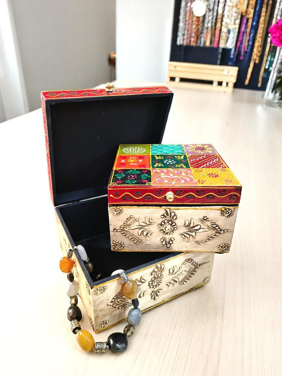 Set of 2 Handmade Wooden Boxes | Hand Painted Emboss Work Storage Boxes | Decorative Organizer | Jewelry & Keepsake Gift Box