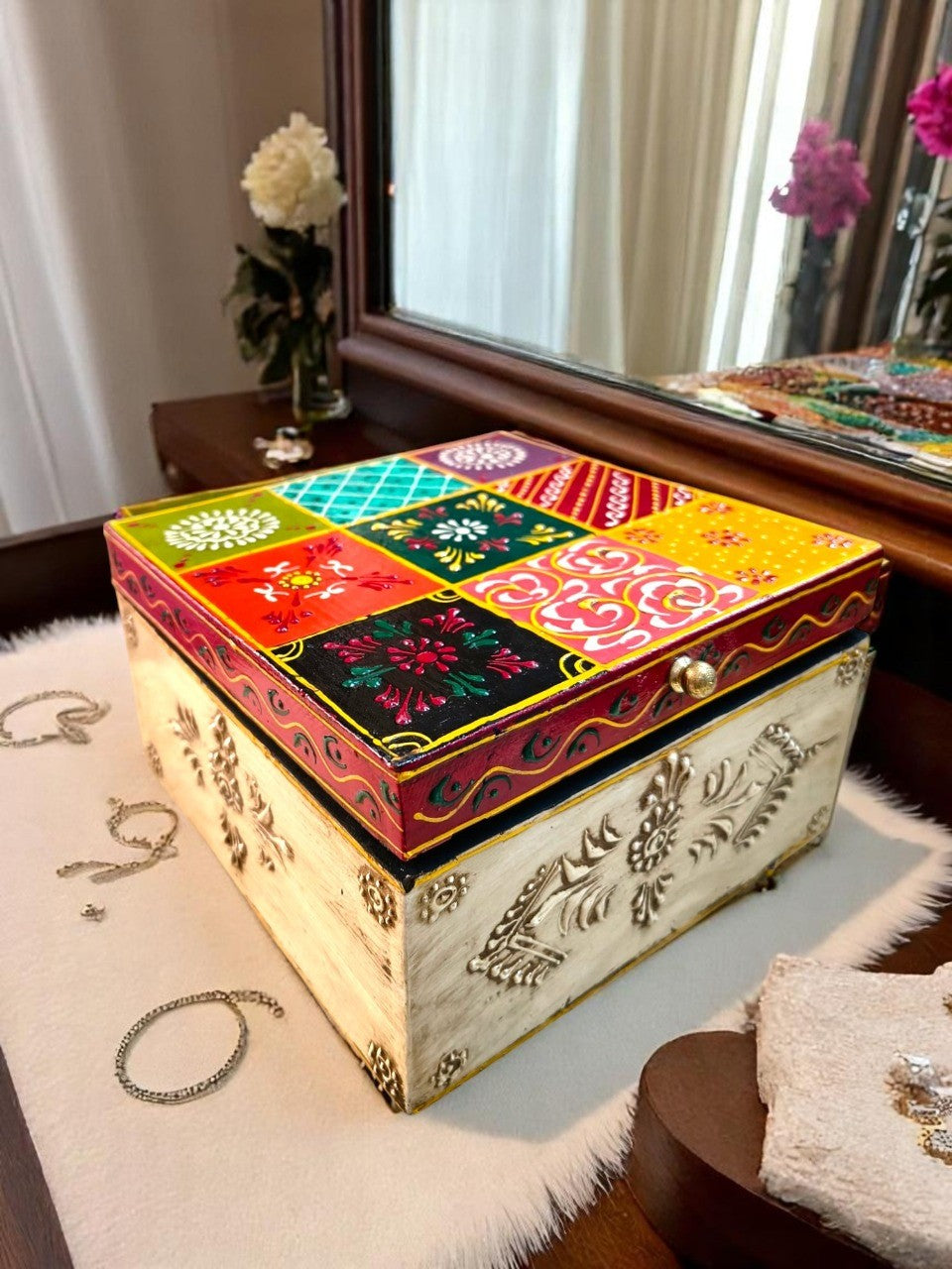 Set of 2 Handmade Wooden Boxes | Hand Painted Emboss Work Storage Boxes | Decorative Organizer | Jewelry & Keepsake Gift Box