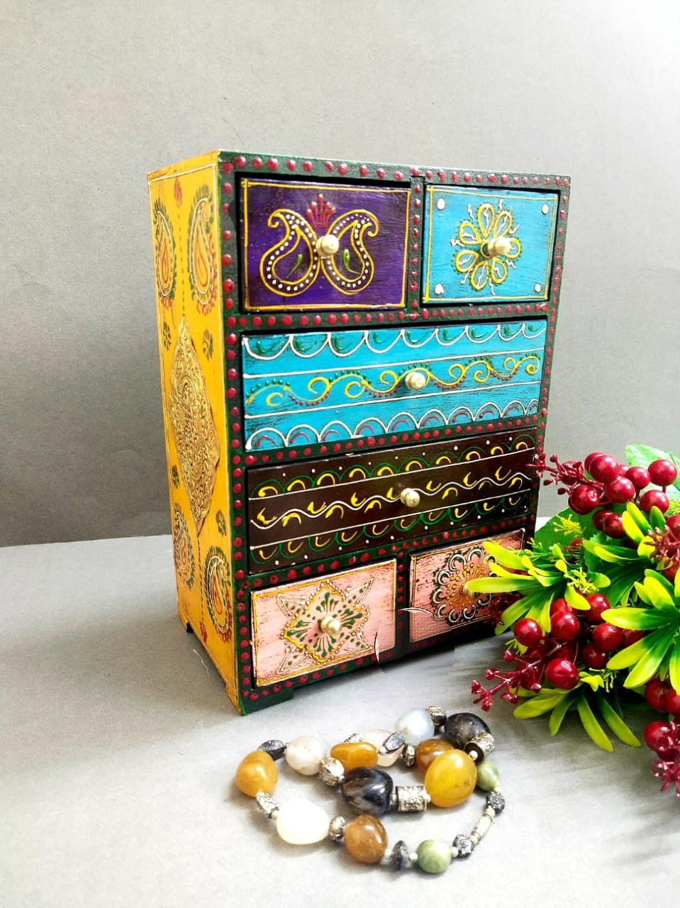 Handmade wooden 6-drawer chest with colorful hand-painted embossed designs, ideal for jewelry storage, stationery organization, and decorative home décor. 🎨✨🏡
