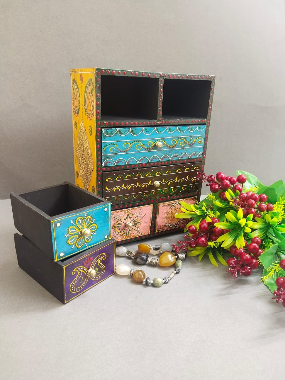 Handmade wooden 6-drawer chest with colorful hand-painted embossed designs, ideal for jewelry storage, stationery organization, and decorative home décor. 🎨✨🏡