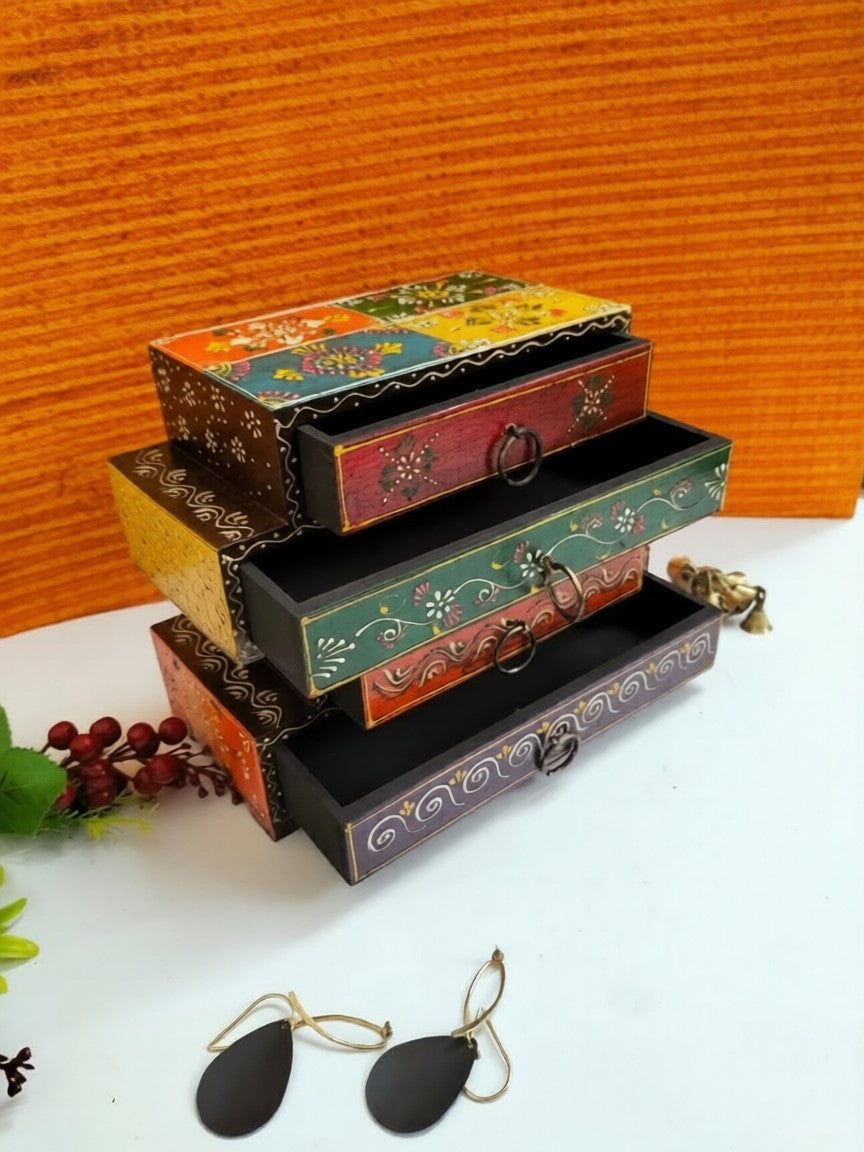 Handmade Wooden 4 Drawer Chest | Multicolored Hand Painted Storage Organizer | Multipurpose Drawer Unit | Jewelry & Stationery Storage | Home Décor