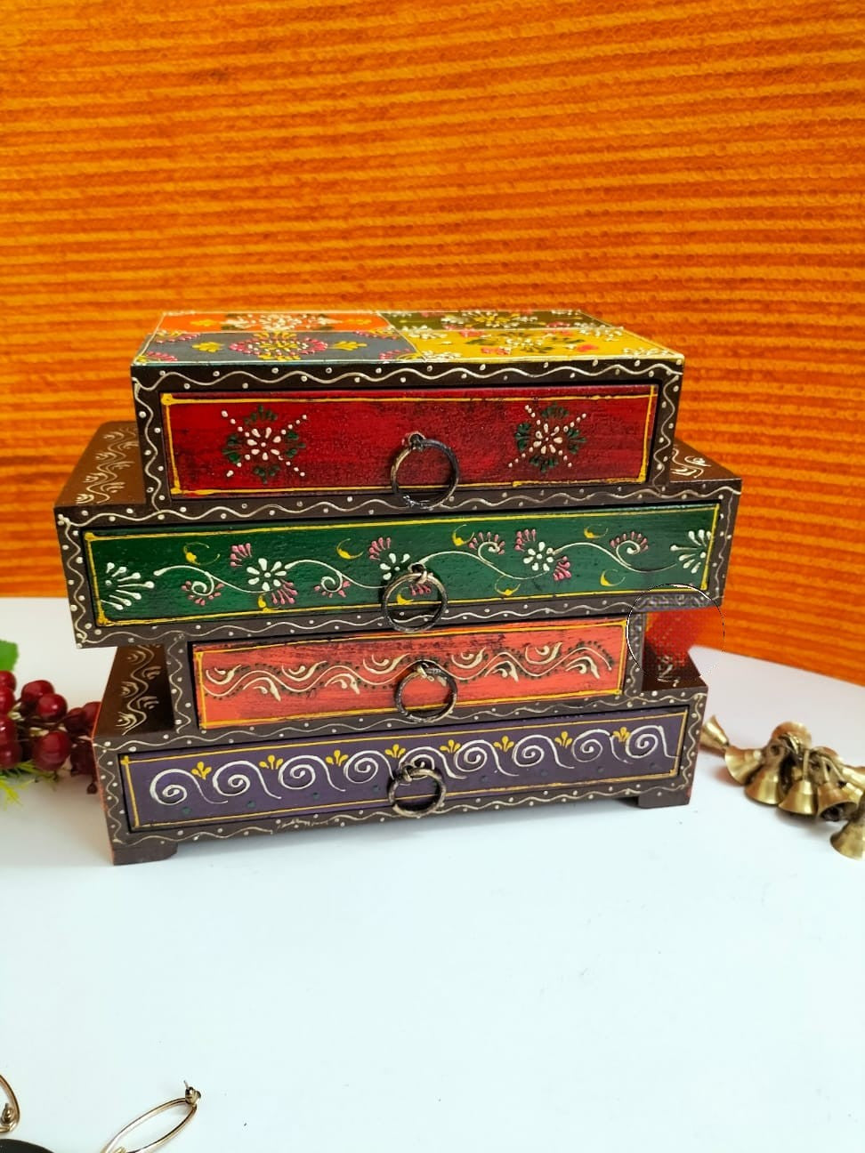 Handmade Wooden 4 Drawer Chest | Multicolored Hand Painted Storage Organizer | Multipurpose Drawer Unit | Jewelry & Stationery Storage | Home Décor