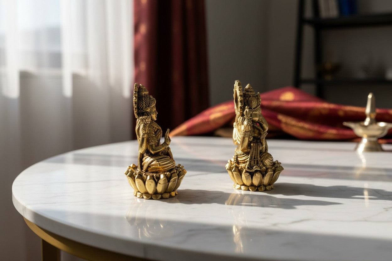 Brass Lakshmi Ganesh Idol on lotus – Divine Home Temple Decor