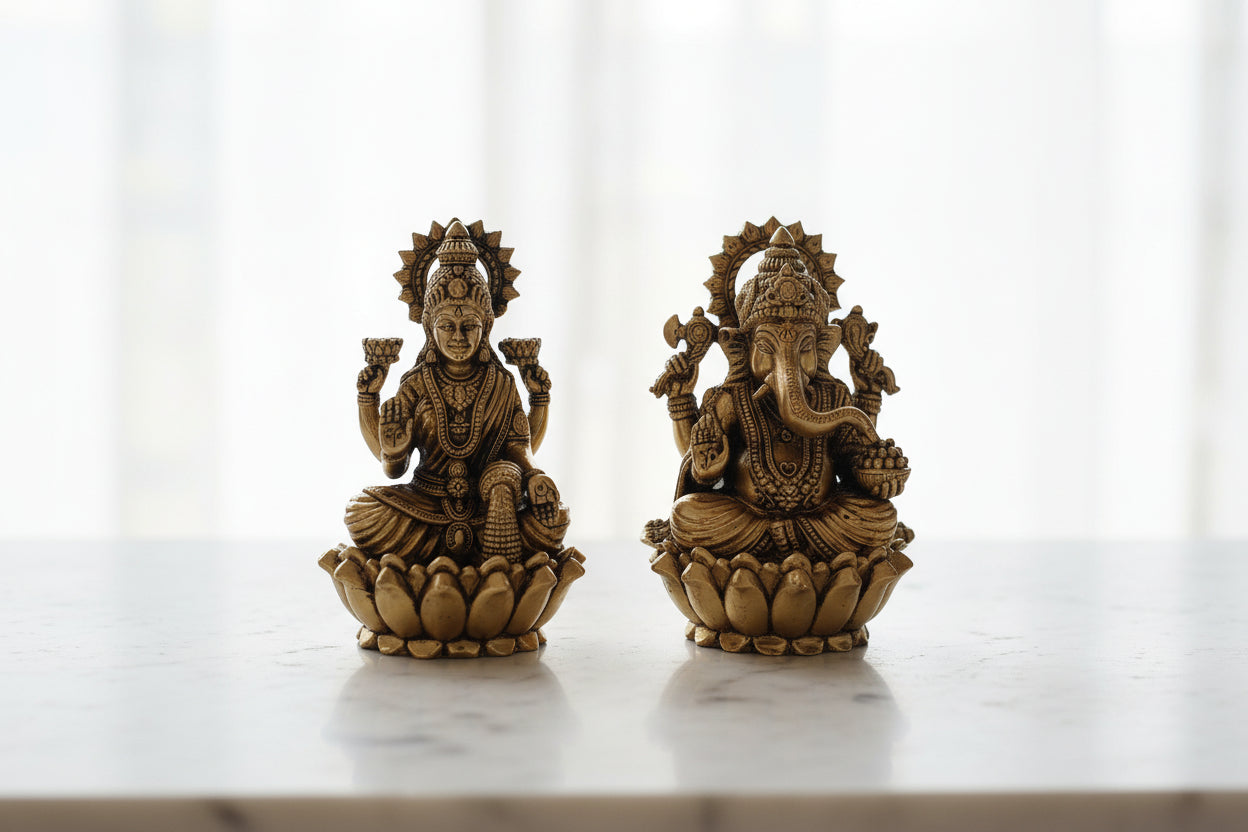 Brass Lakshmi Ganesh Idol on lotus – Divine Home Temple Decor
