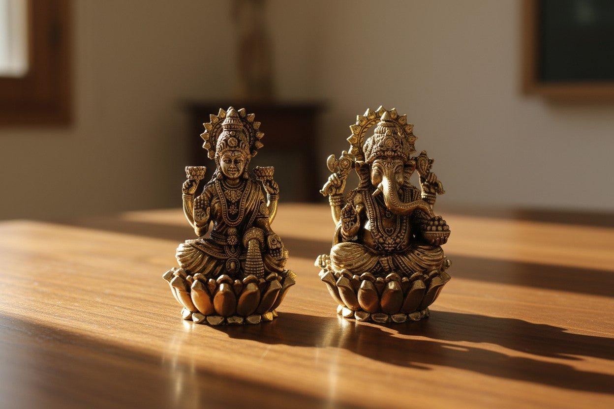 Brass Lakshmi Ganesh Idol on lotus – Divine Home Temple Decor
