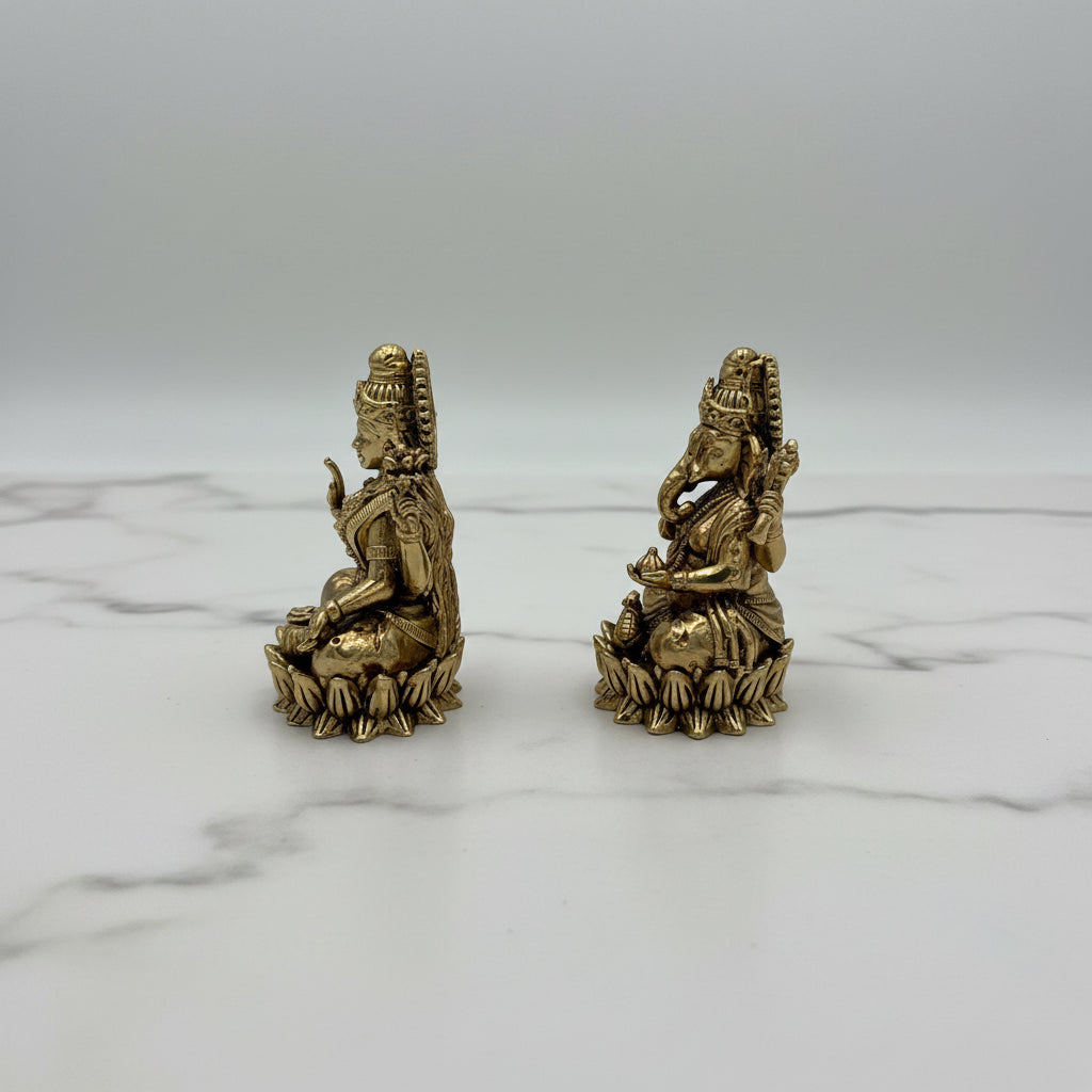 Brass Lakshmi Ganesh Idol on lotus – Divine Home Temple Décor, small size