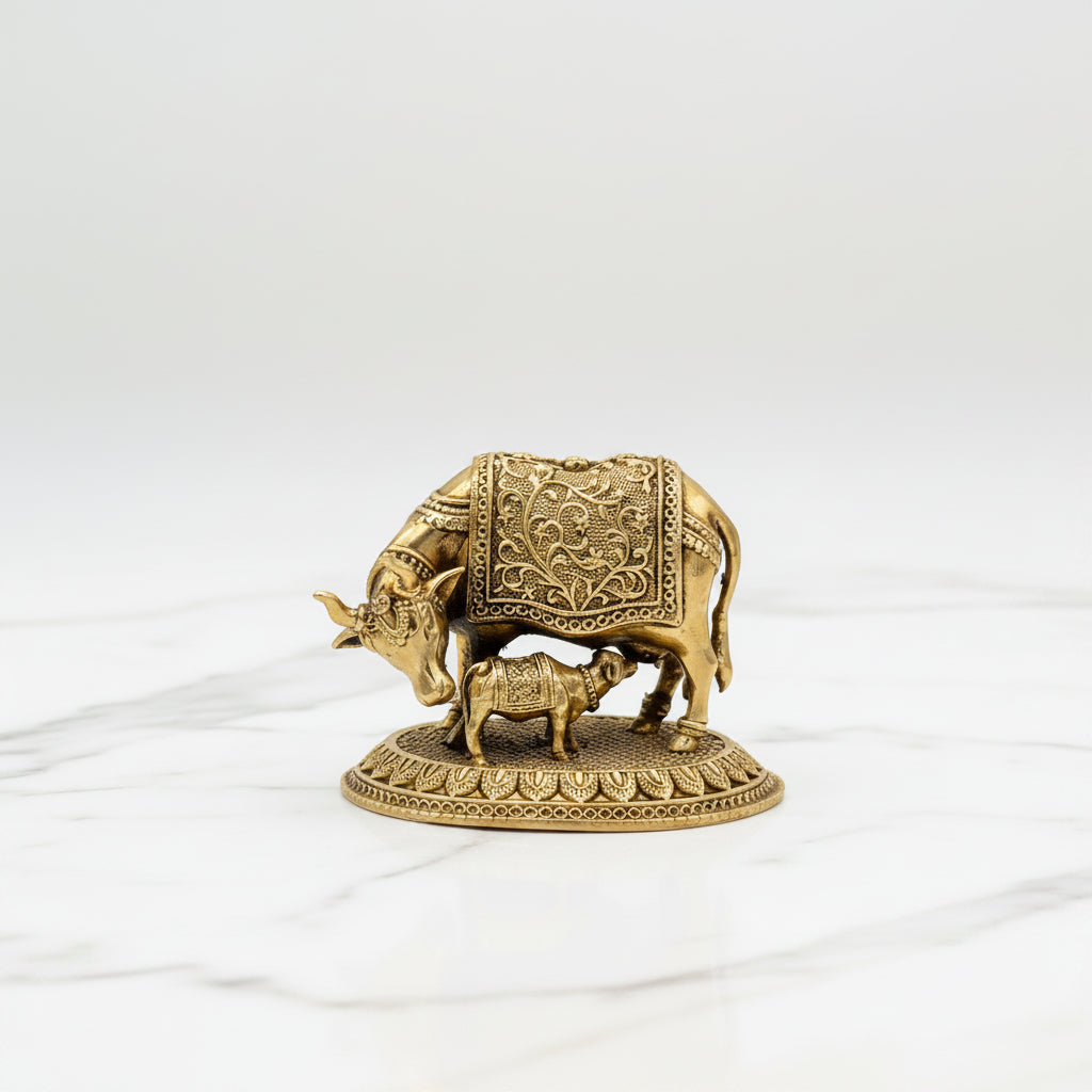 Brass Small Cow and Calf Statue – Sacred Kamdhenu Idol for Temple & Home Décor