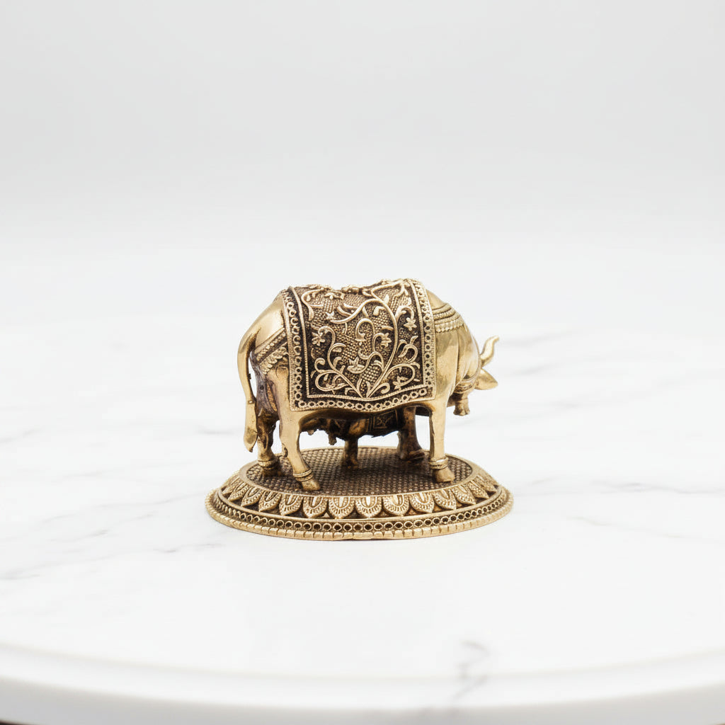 Brass Small Cow and Calf Statue – Sacred Kamdhenu Idol for Temple & Home Décor