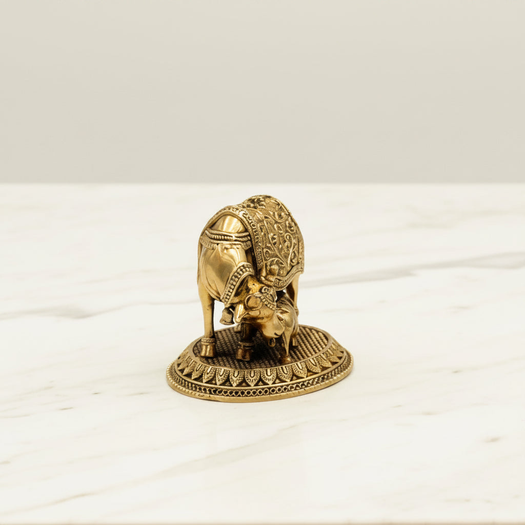 Brass Small Cow and Calf Statue – Sacred Kamdhenu Idol for Temple & Home Décor