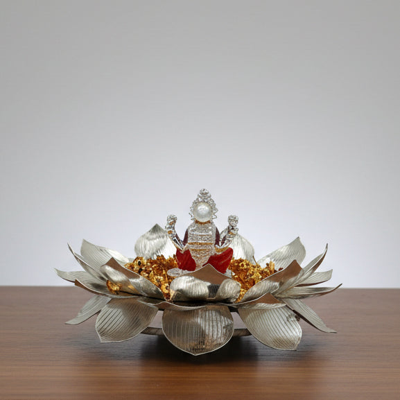 German Silver Lotus with 108 Golden Flowers & Lakshmi Idol – Auspicious Housewarming Pooja Décor