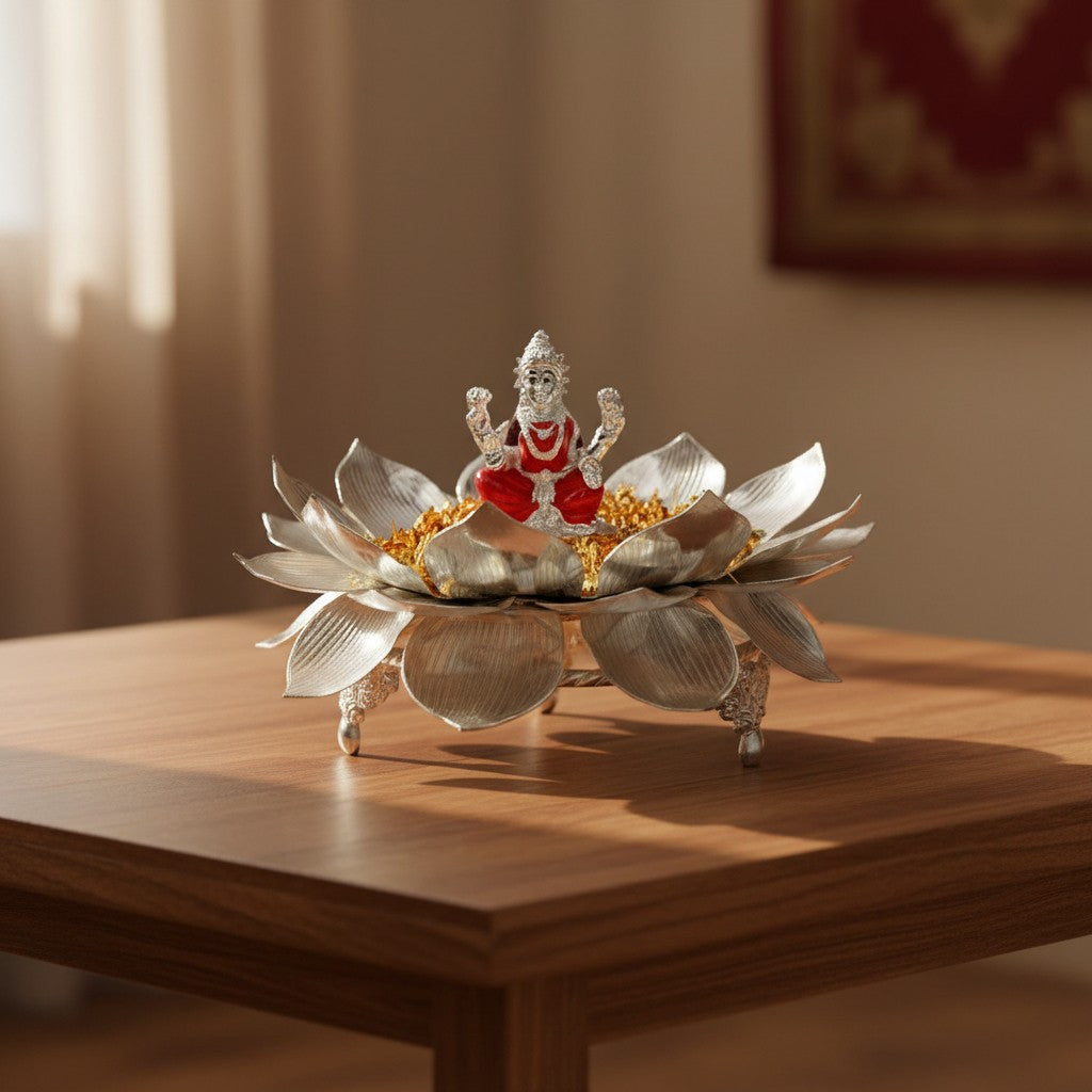 German Silver Lotus with 108 Golden Flowers & Lakshmi Idol – Auspicious Housewarming Pooja Décor