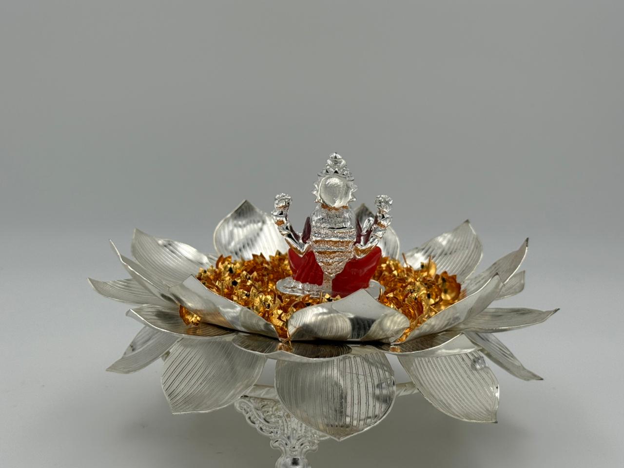 German Silver Lotus with 108 Golden Flowers & Lakshmi Idol – Auspicious Housewarming Pooja Décor