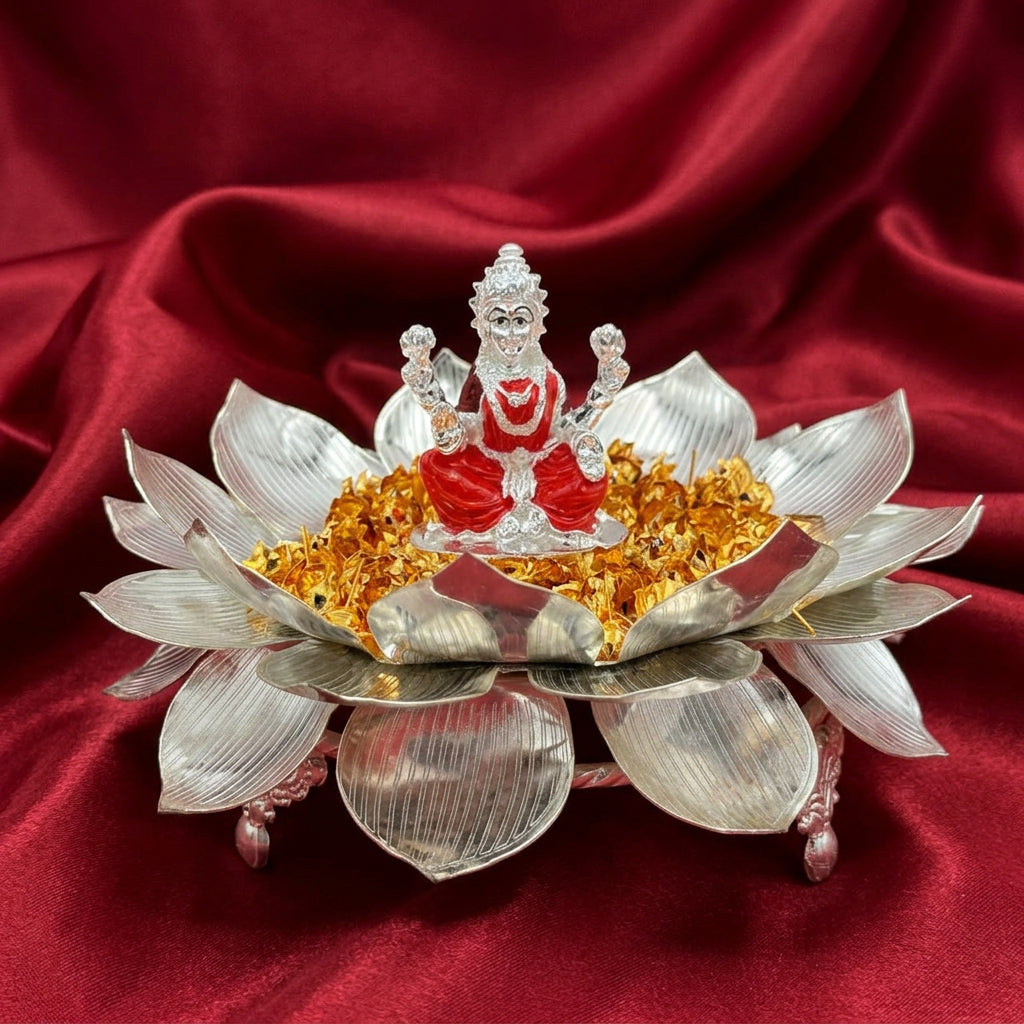 German Silver Lotus with 108 Golden Flowers & Lakshmi Idol – Auspicious Housewarming Pooja Décor