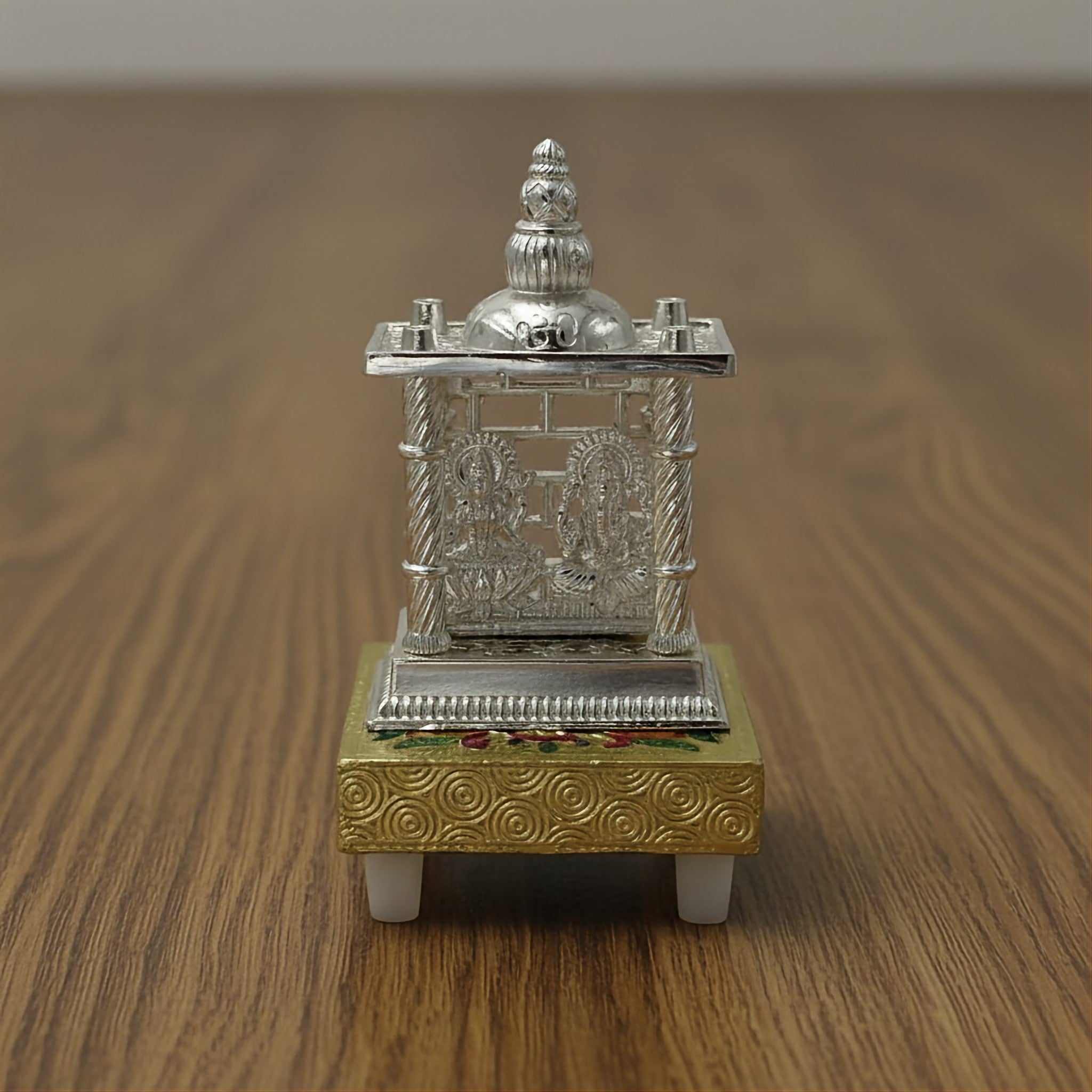 German Silver Lakshmi Ganesh Temple with Golden Chowki – Auspicious Home Pooja Décor