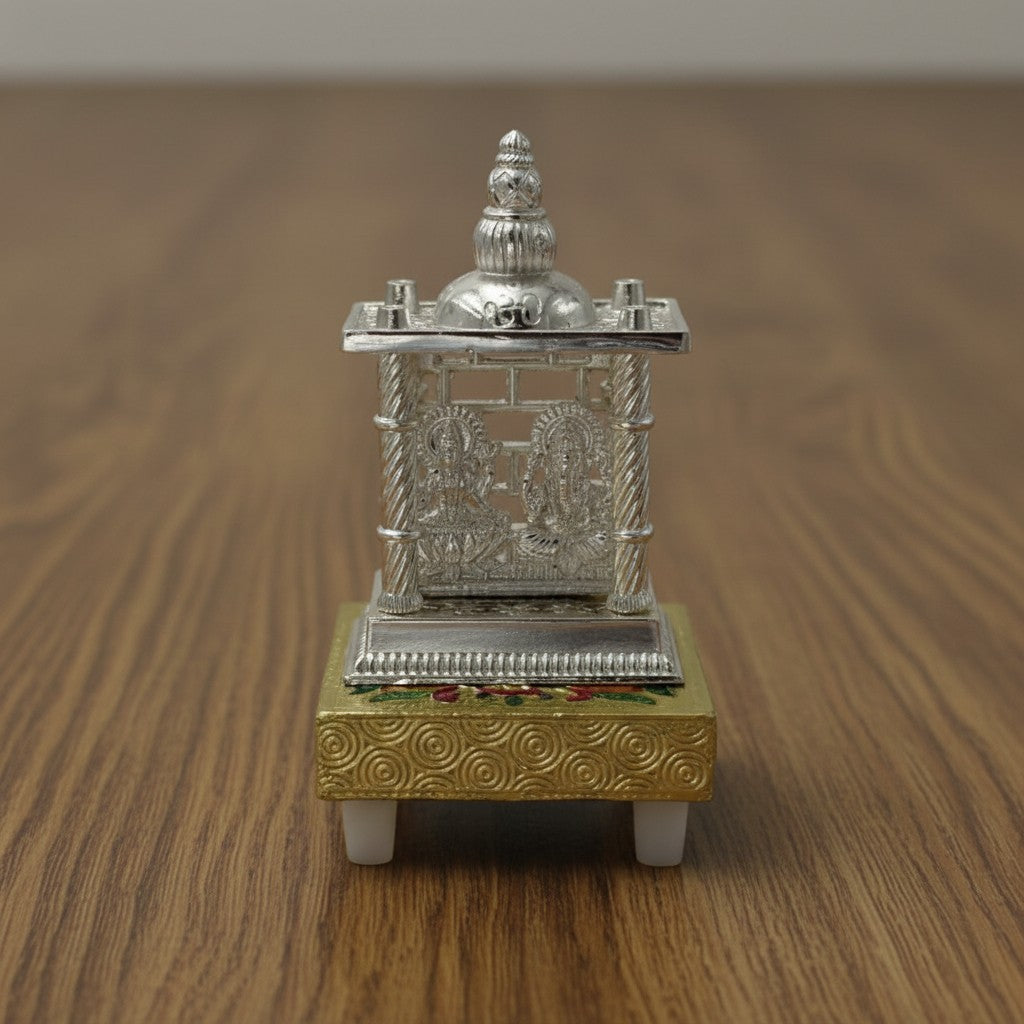German Silver Lakshmi Ganesh Temple with Golden Chowki – Auspicious Home Pooja Décor