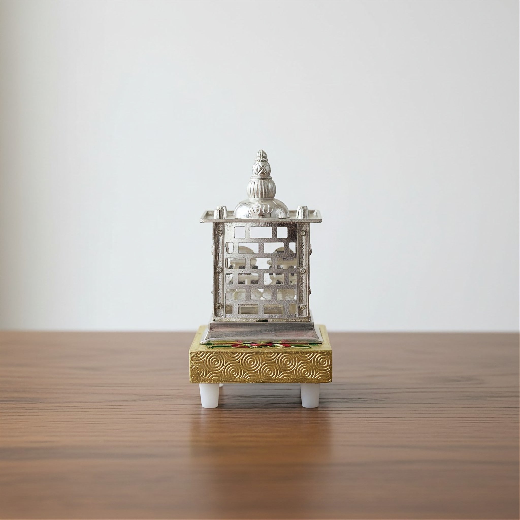 German Silver Lakshmi Ganesh Temple with Golden Chowki – Auspicious Home Pooja Décor