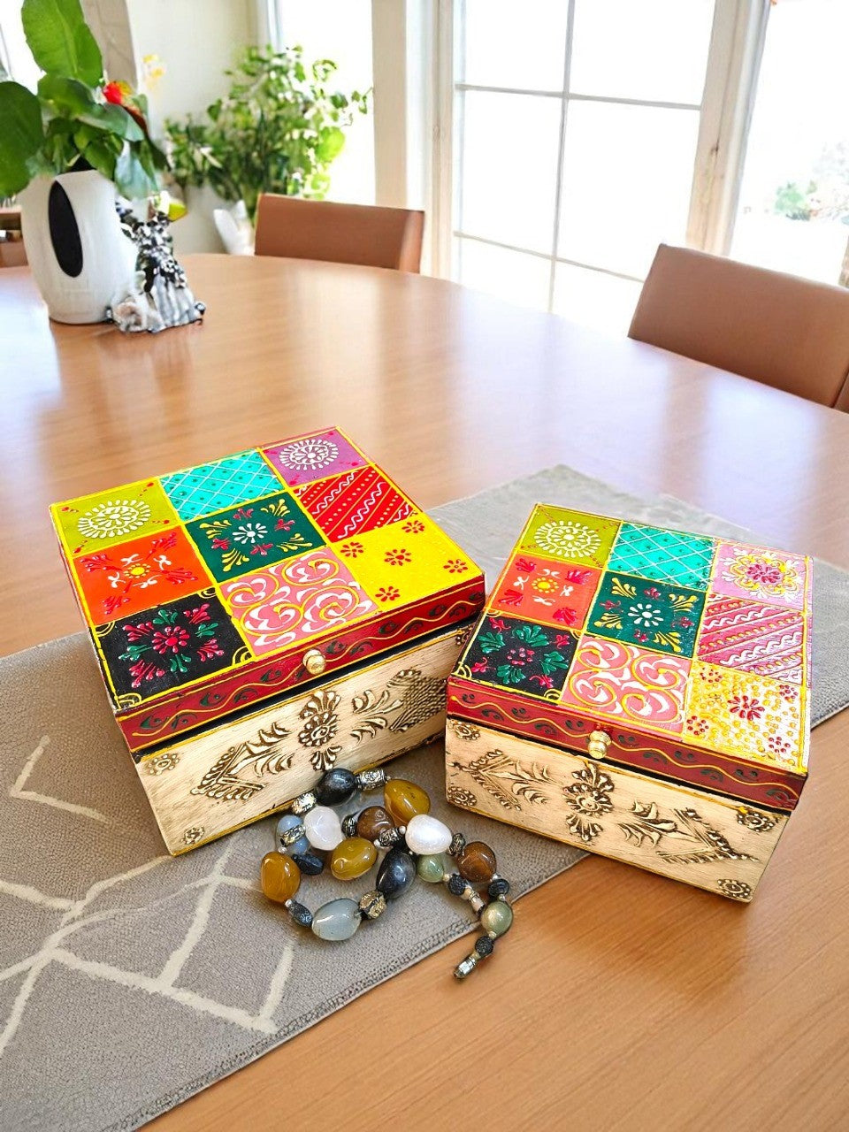 Set of 2 Handmade Wooden Boxes | Hand Painted Emboss Work Storage Boxes | Decorative Organizer | Jewelry & Keepsake Gift Box