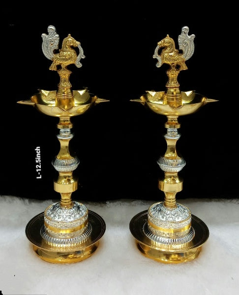 Silver Plated Dual Color Golden and Silver Peacock Diya Set for Housewarming Pooja