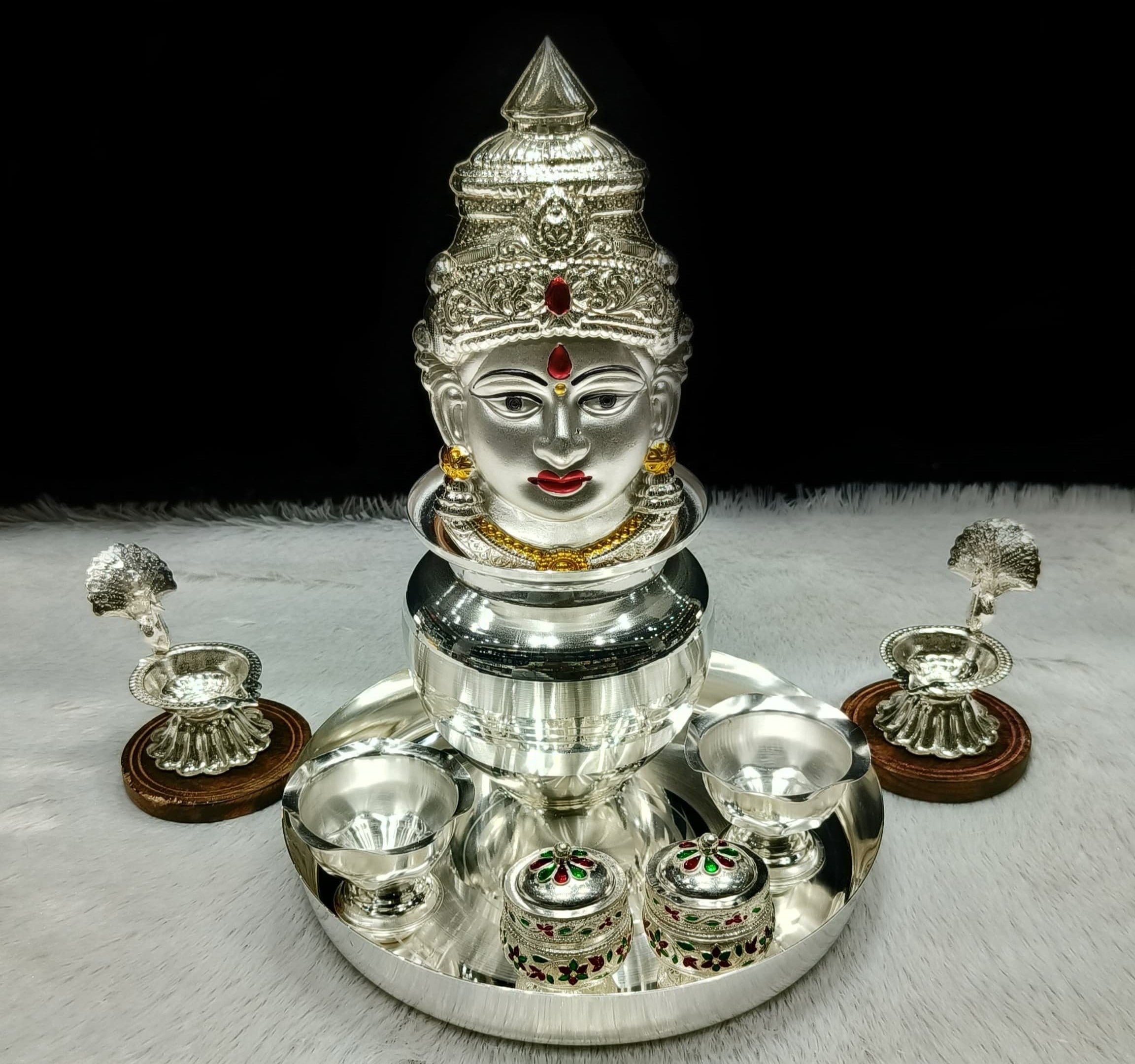 Silver plated pooja thali set with lakshmi face combo